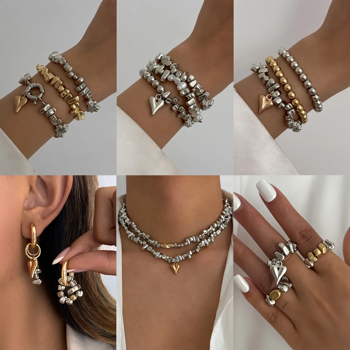 빈티지 불규칙 유니크 디자인 CCB 비즈 하트 펜던트 귀걸이 여성 트렌드 참 장신구 세트 발렌타인 데이 주얼리