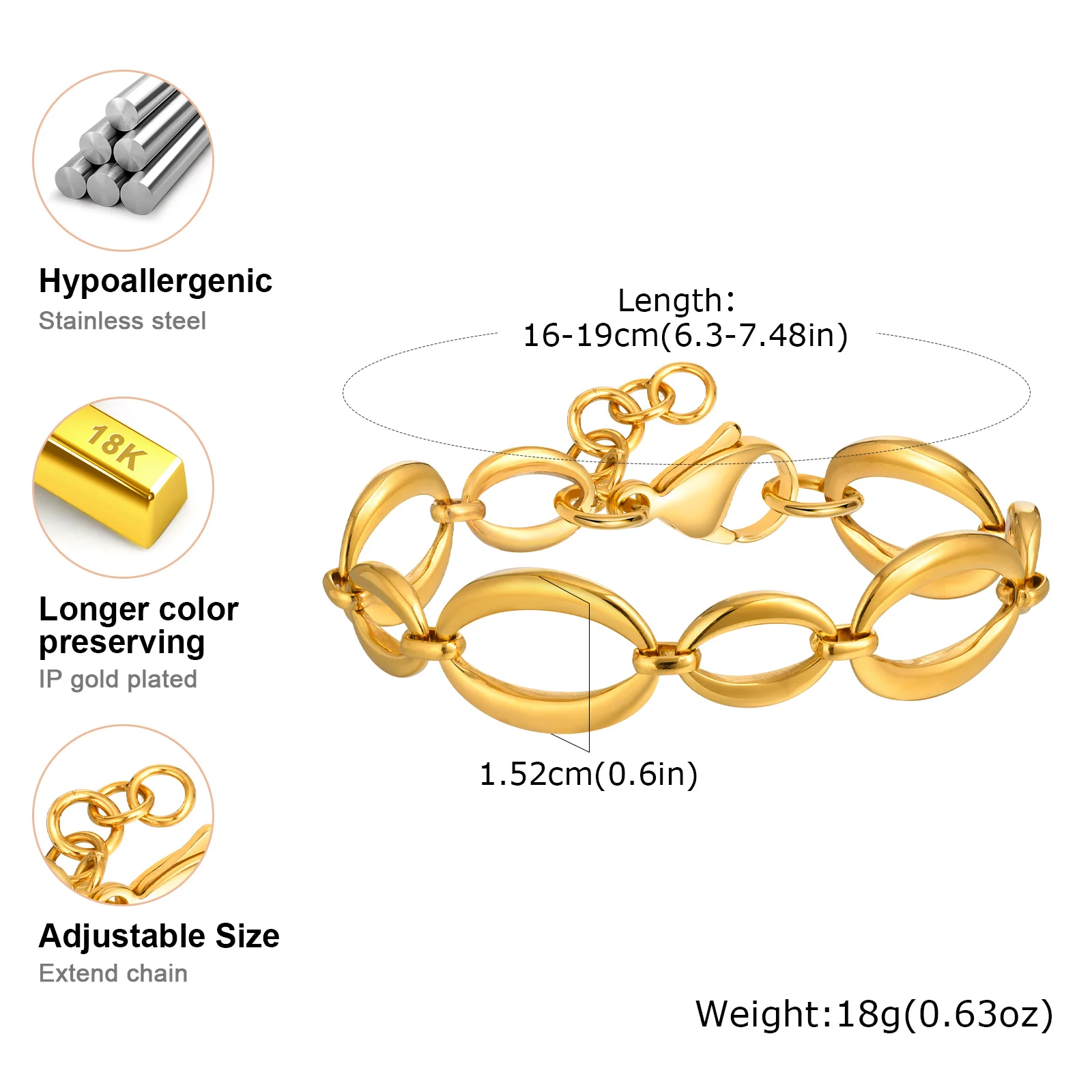 여성을위한 독특한 타원형 팔찌, 손으로 만든 체인 스테인레스 스틸 팔찌, 유행 방수 보석 선물