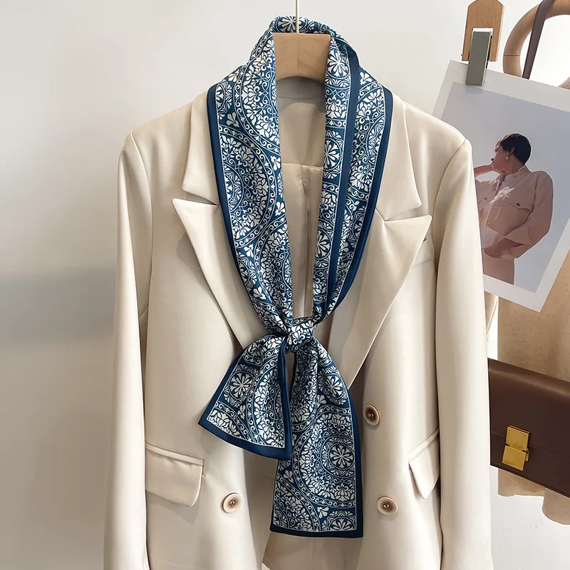 50 색상 새로운 여성 실크 느낌 인쇄 디자인 스카프 목도리 패션 럭셔리 긴 좁은 작은 실크 스카프 숙녀 머리띠 Headscarf