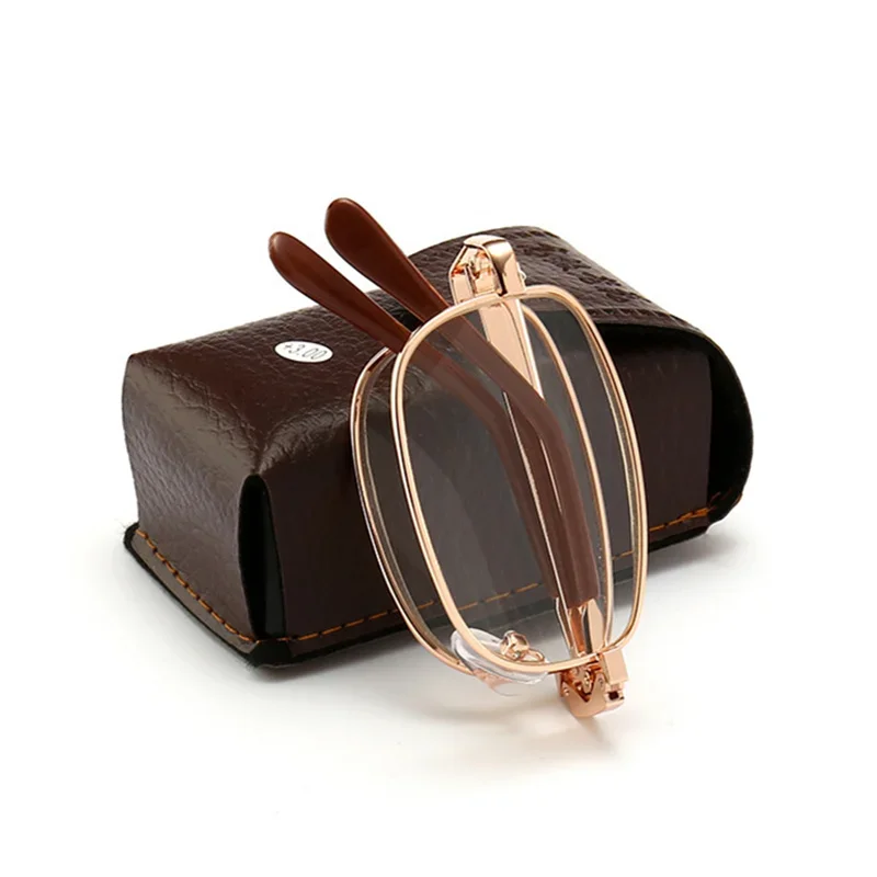 2024 가죽 상자가있는 이중 초점 접이식 독서 안경 남성 여성 접이식 금속 렌즈 안경 원시 안경 디옵터