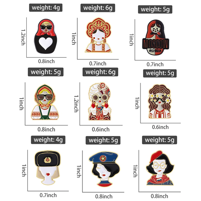 만화 러시아 소녀 캐릭터 의상 이미지 에나멜 핀 사용자 정의 민족 스타일 그림 기념품 브로치 옷깃 배지 보석 선물