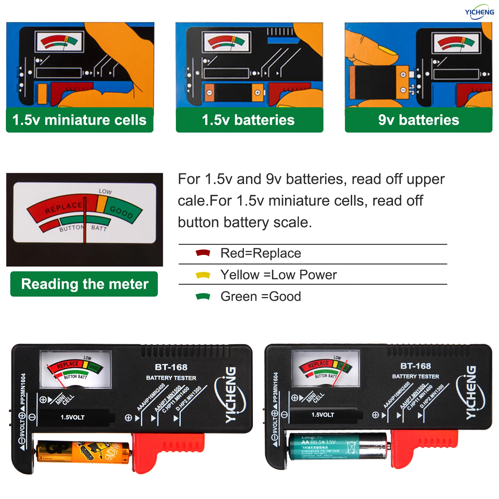 YICHENG (2 Pcs) 배터리 테스터, AA / AAA / C / D / 9V / 1.5V 버튼 셀 배터리 용 범용 배터리 검사기, BT-168/BT-168D