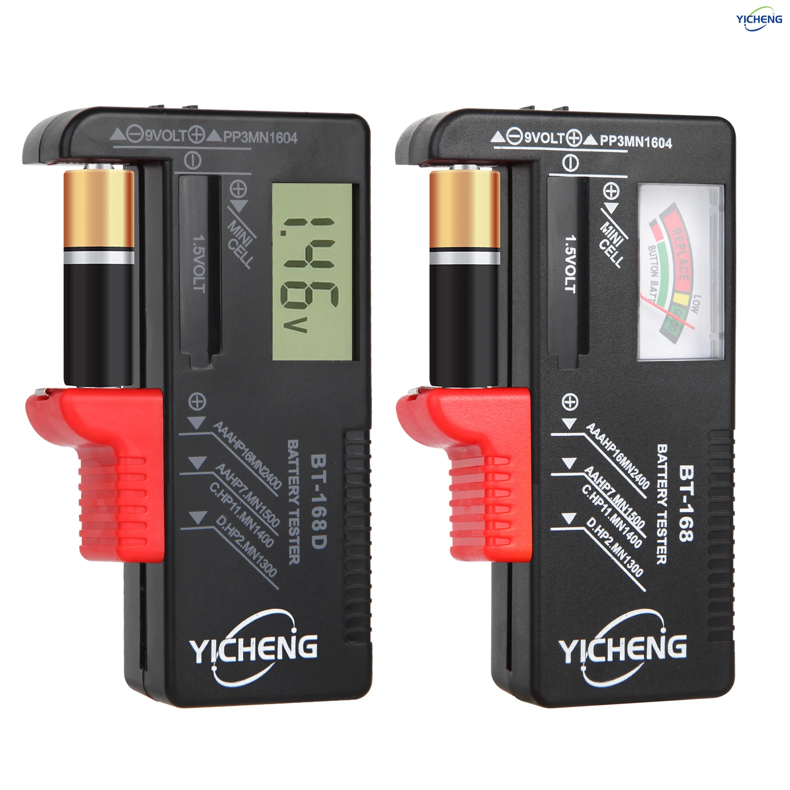 YICHENG (2 Pcs) 배터리 테스터, AA / AAA / C / D / 9V / 1.5V 버튼 셀 배터리 용 범용 배터리 검사기, BT-168/BT-168D title=YICHENG (2 Pcs) 배터리 테스터, AA / AAA / C / D / 9V / 1.5V 버튼 셀 배터리 용 범용 배터리 검사기, BT-168/BT-168D 