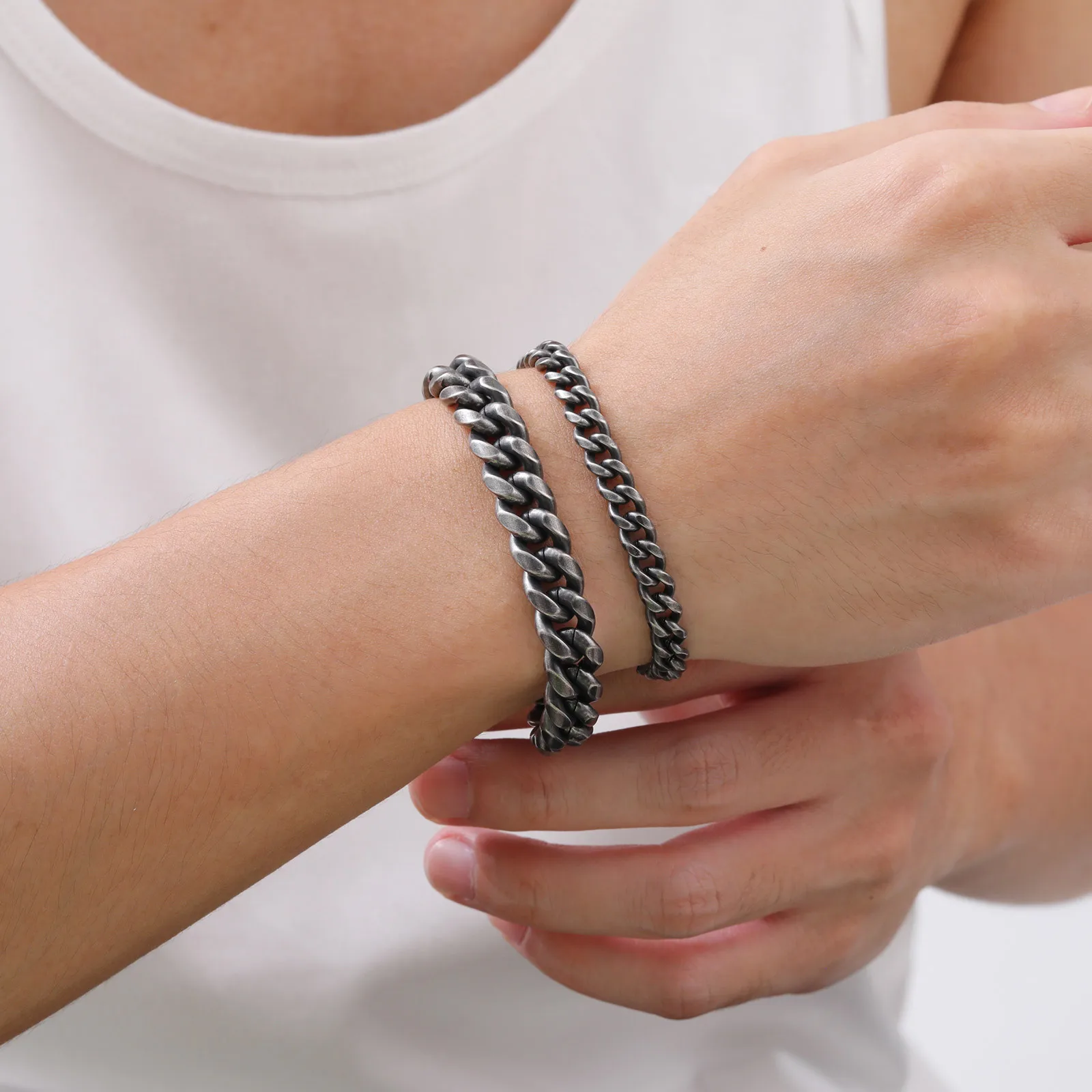 남성용 레트로 쿠바 체인 팔찌, 빈티지 골동품 스테인레스 스틸 커브 돔 링크 팔찌, 락 펑크 세련된 보석 선물