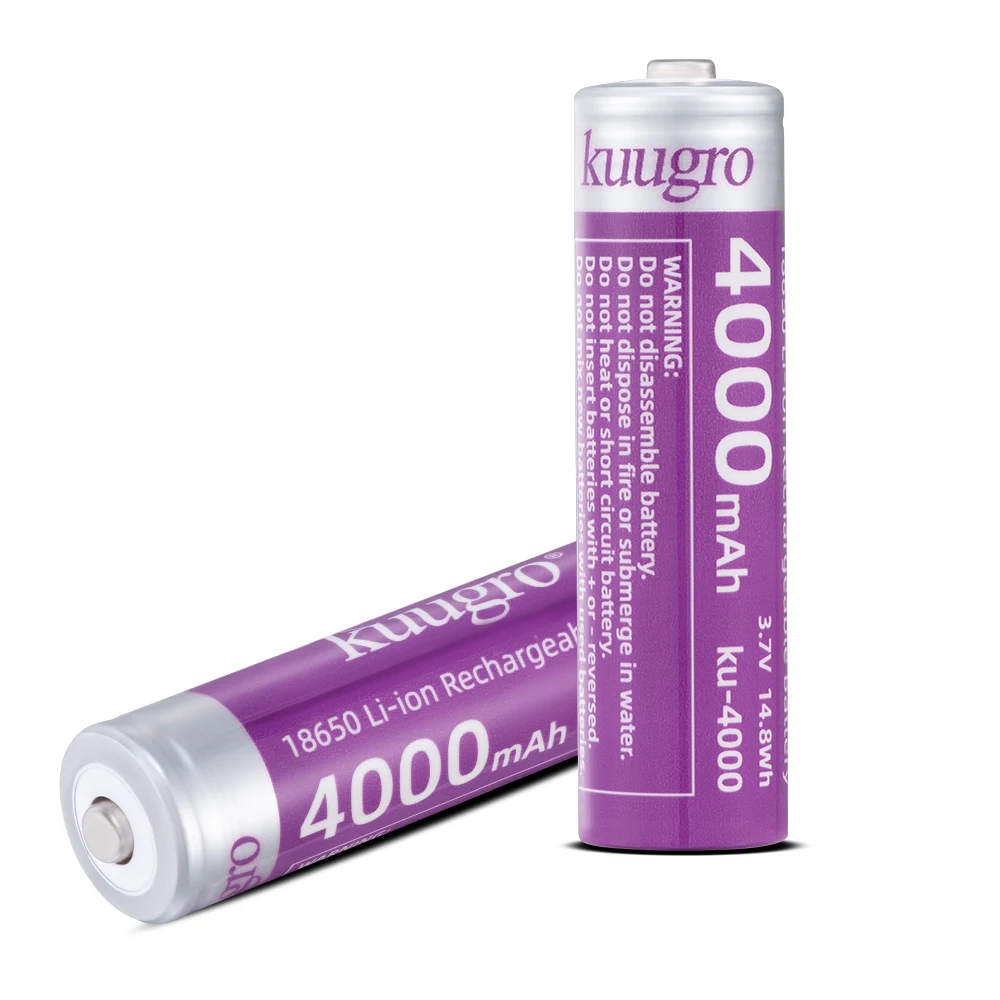 Kuugro 18650 4000mAh 뾰족한 헤드 배터리 3.7V 최대 용량 12A 손전등 배터리 용 방전 충전식 배터리