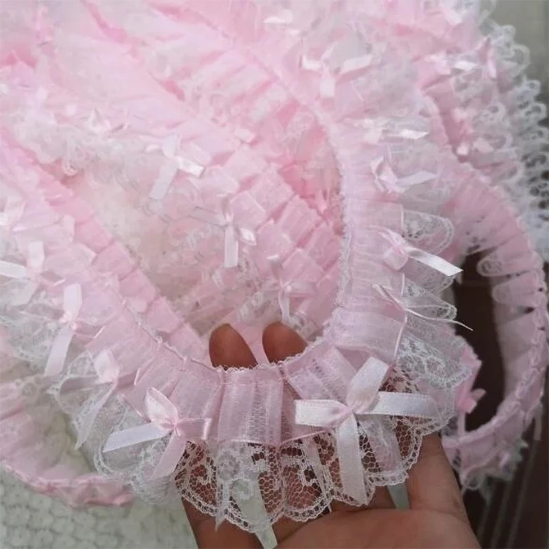 1 야드 핑크 보우 자수 레이스 패브릭 트림 DIY 의류 장식 액세서리 5CM 와이드