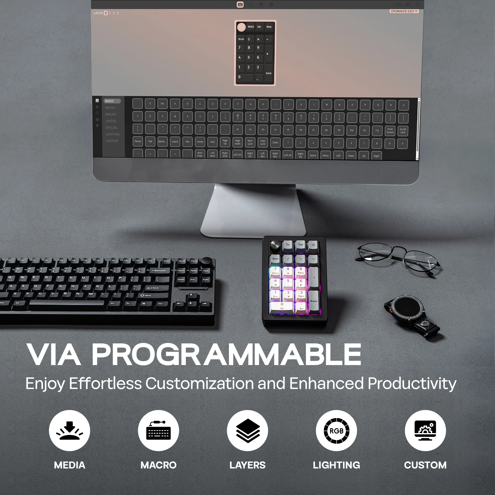 EPOMAKER EK21 VIA 20% 가스켓 유선/블루투스/2.4Ghz 무선 NKRO 숫자 패드 알루미늄 합금 손잡이 Win/Mac/게임용 1000mAh 배터리