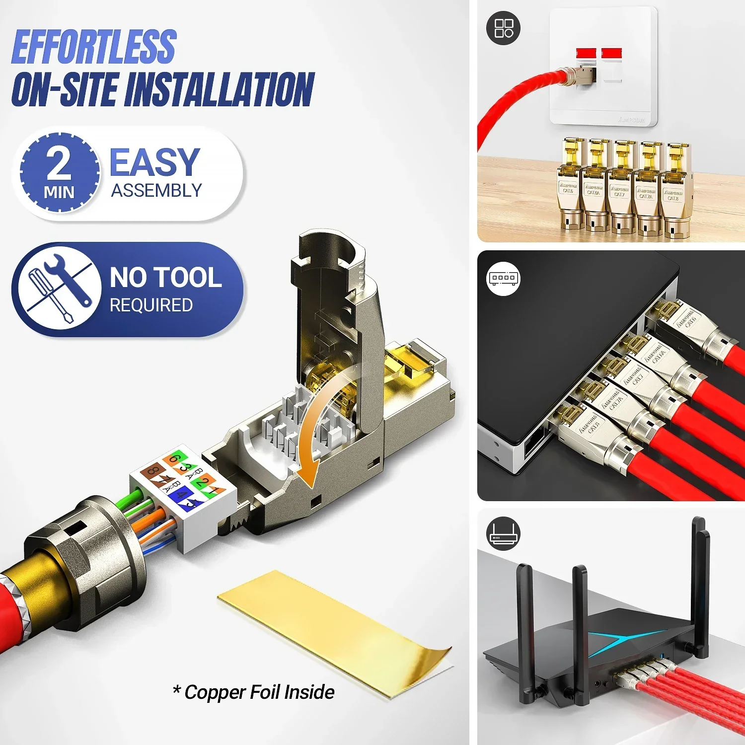 AMPCOM 도구가 필요 없는 RJ45 커넥터, CAT8/7A/7/6A/6 도구가 필요 없는 재사용 가능한 종단 플러그 차폐 이더넷 필드 모듈형 플러그
