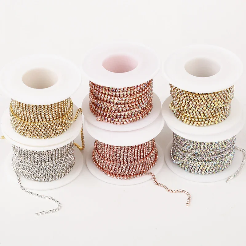 AAA 등급 SS4.5-SS18(1.5mm-4.5mm) 클리어 크리스탈 AB 고밀도 라인 석 컵 체인 슬리버/로즈 골드 클로 스트 라스 라인 석 체인 트림