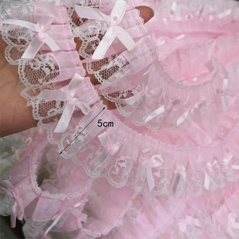 1 야드 핑크 보우 자수 레이스 패브릭 트림 DIY 의류 장식 액세서리 5CM 와이드